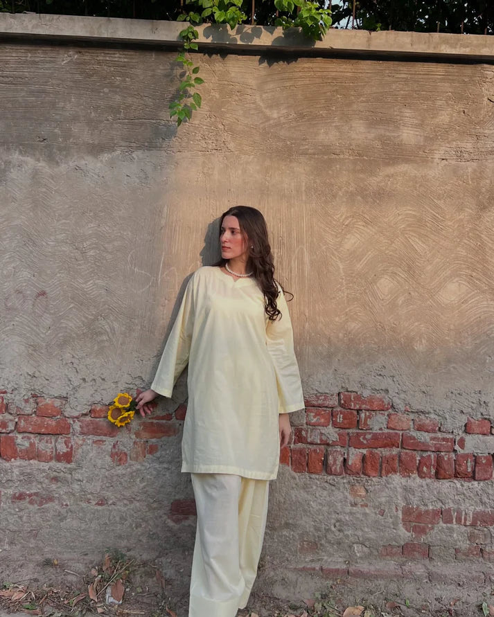 Noor Farshi Cotton Co-ord Set – Butter Yellow & Elegance