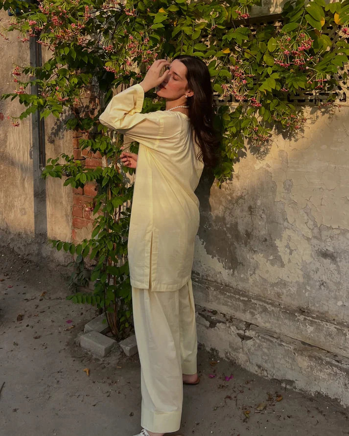 Noor Farshi Cotton Co-ord Set – Butter Yellow & Elegance