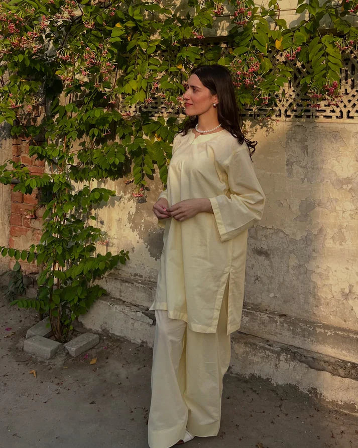 Noor Farshi Cotton Co-ord Set – Butter Yellow & Elegance