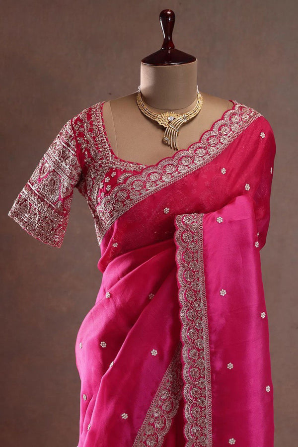 Hot Pink Sequins Embroidered Organza Saree