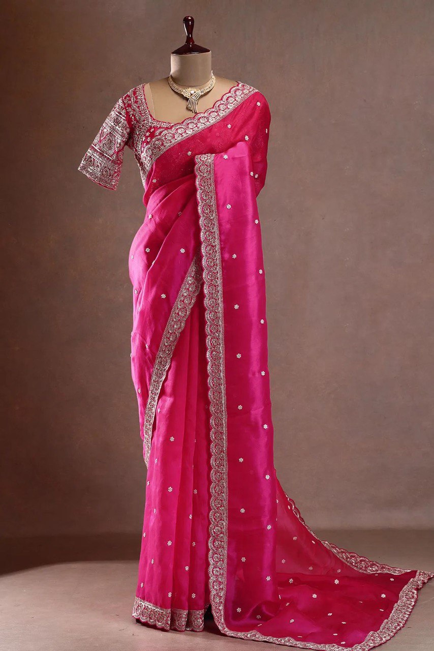 Hot Pink Sequins Embroidered Organza Saree