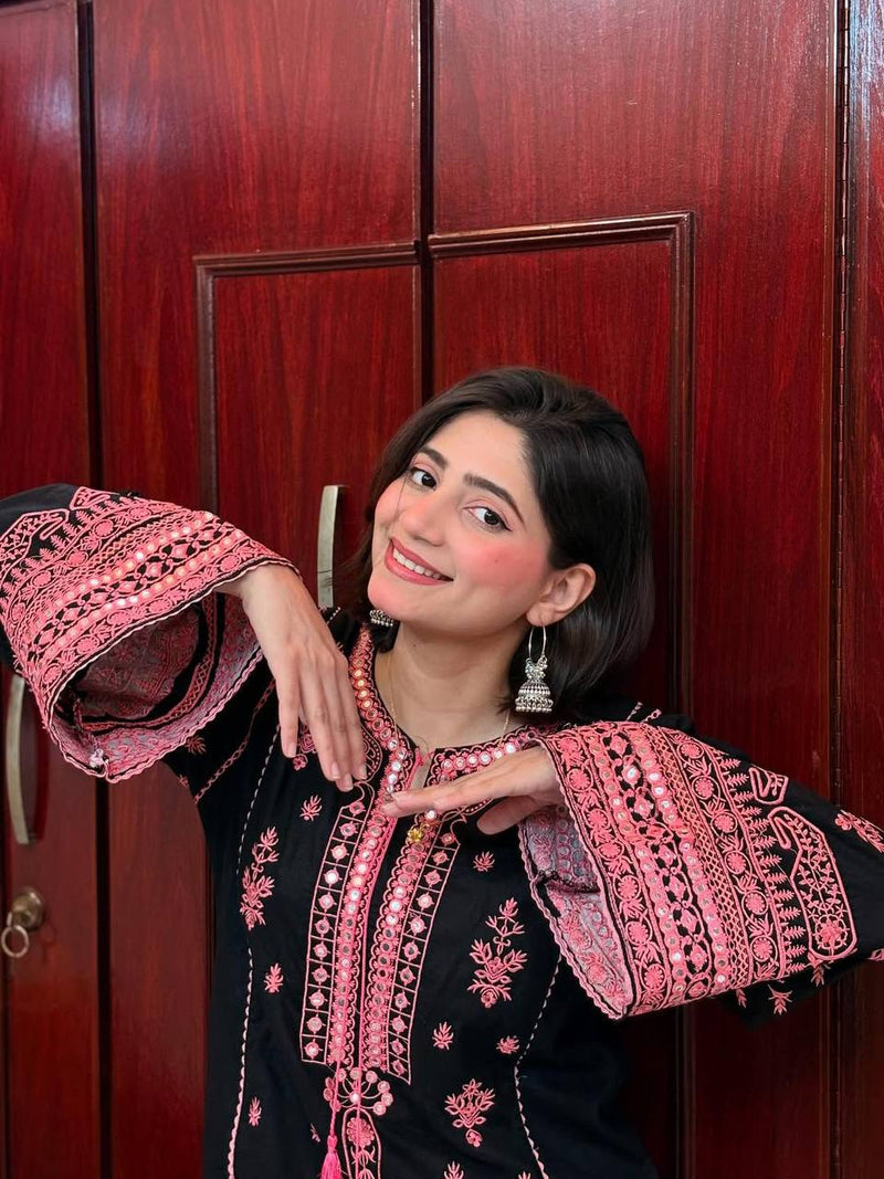 Beautiful Embroidered Dori Neck Dress