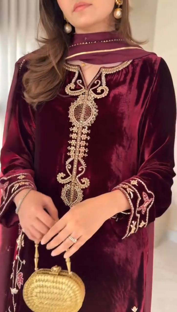 Trending Velvet Kurta Plazzo Set with Dupatta