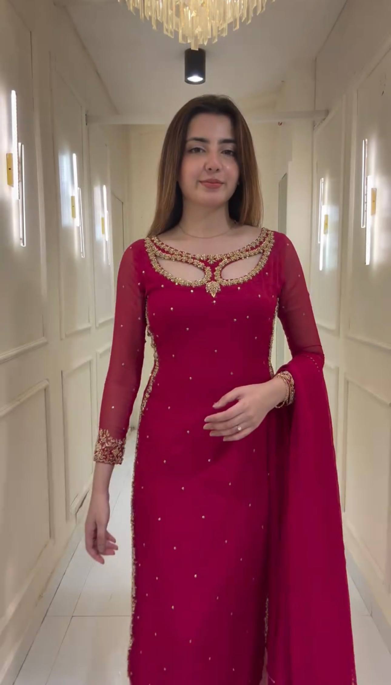 Solid Pink Long Hand Embellshed Kurta With Trouser And Dupatta