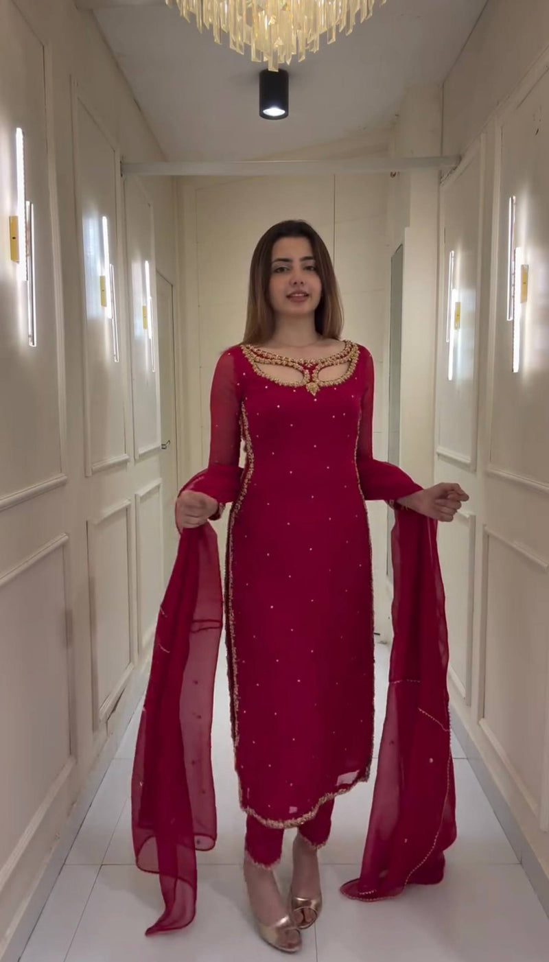 Solid Pink Long Hand Embellshed Kurta With Trouser And Dupatta