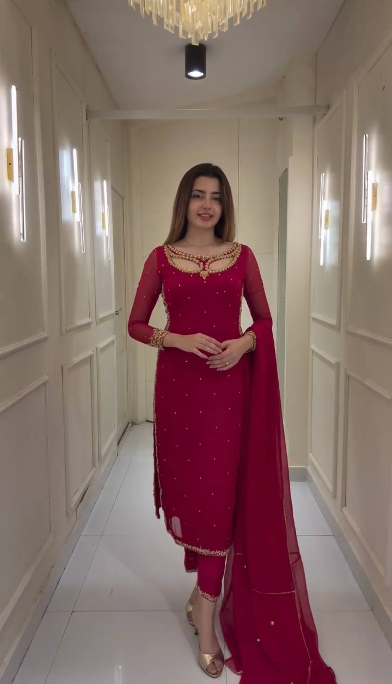 Solid Pink Long Hand Embellshed Kurta With Trouser And Dupatta