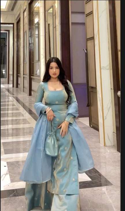 Sky Blue Silk Embroidered Kurta Set