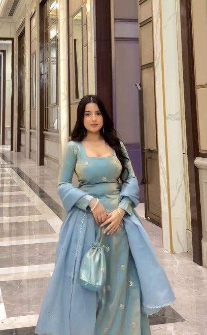 Sky Blue Silk Embroidered Kurta Set