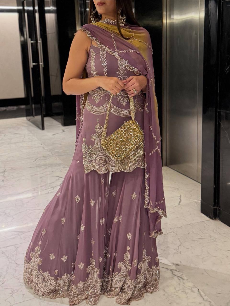 Lavender Embroidered Georgette Sharara Set.