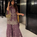 Lavender Embroidered Georgette Sharara Set.