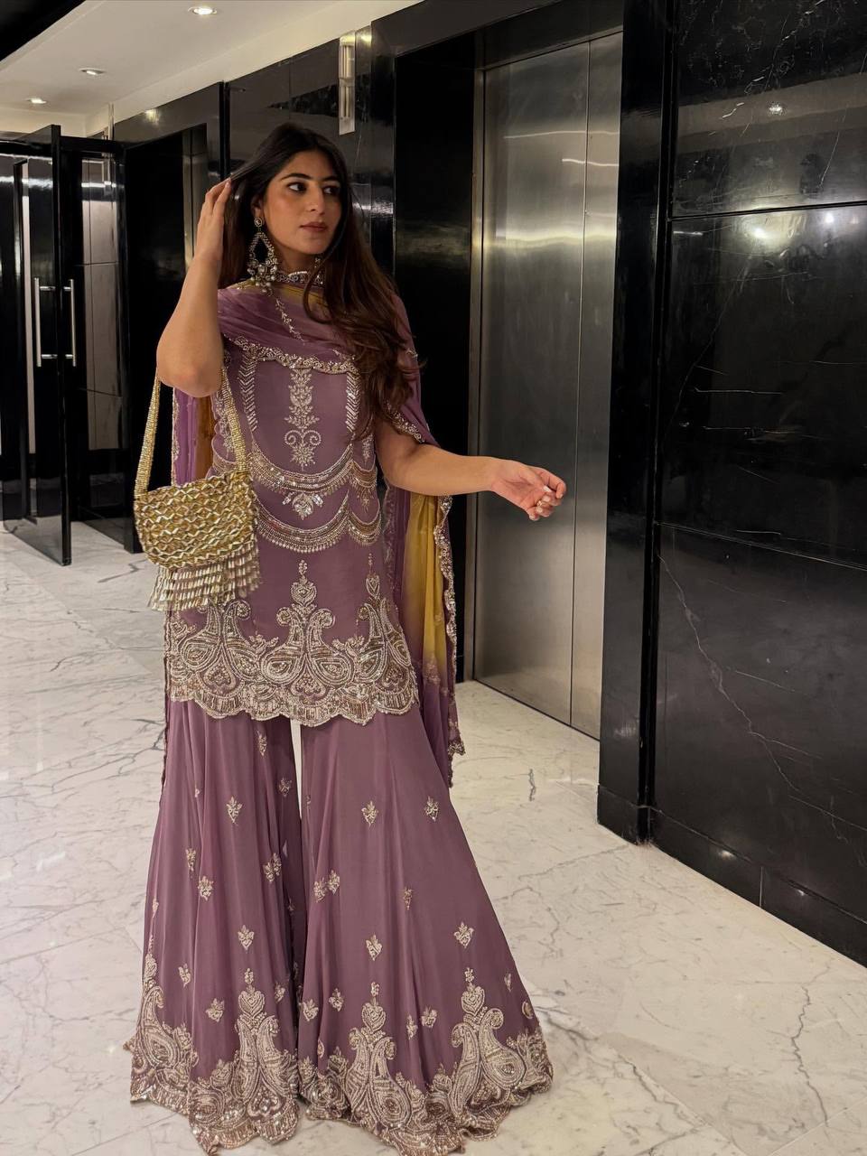 Lavender Embroidered Georgette Sharara Set.